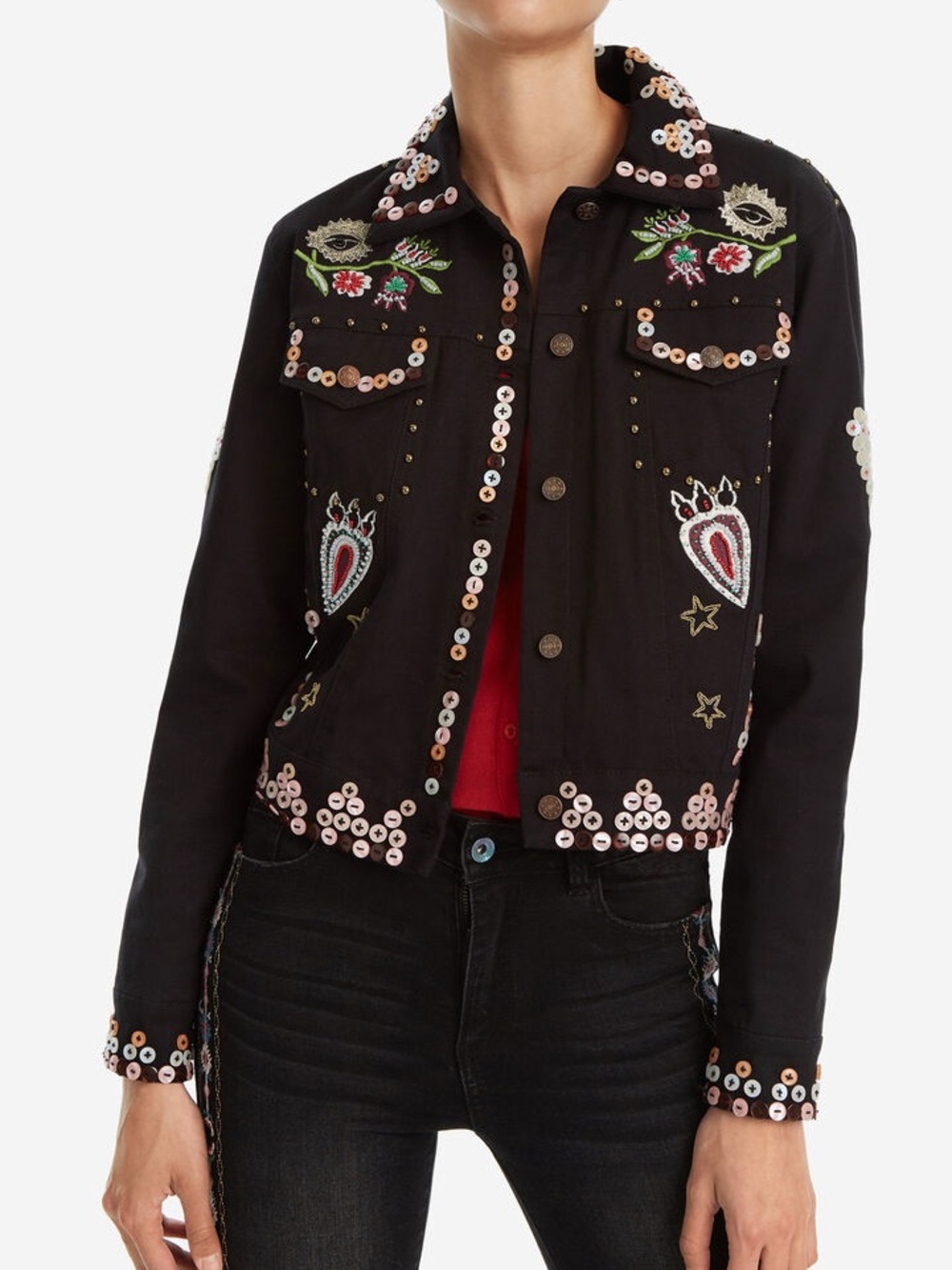 Desigual Ferrara Embroidered Embellished Jacket Black Sequin Beaded EU 42